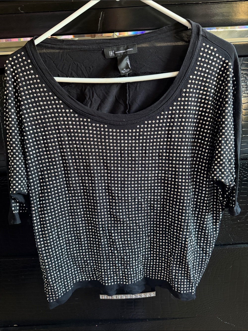 INC International Concepts Black Short-Sleeve Studded Tee